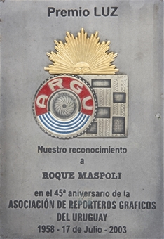 2003 Uruguayan Press Association Commemorative Plaque Awarded To Roque Gaston Maspoli (Letter of Provenance)